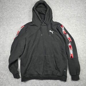 Puma Hoodie Mens Large Black Red White Tape Sleeve Pullover Logo